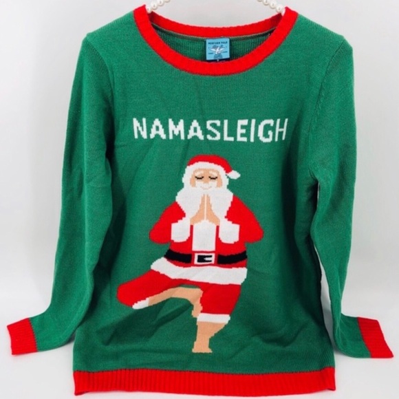 NWT Santa Yoga Pose Ugly Christmas Sweater Holiday Green Red XLarge XL - Picture 6 of 8